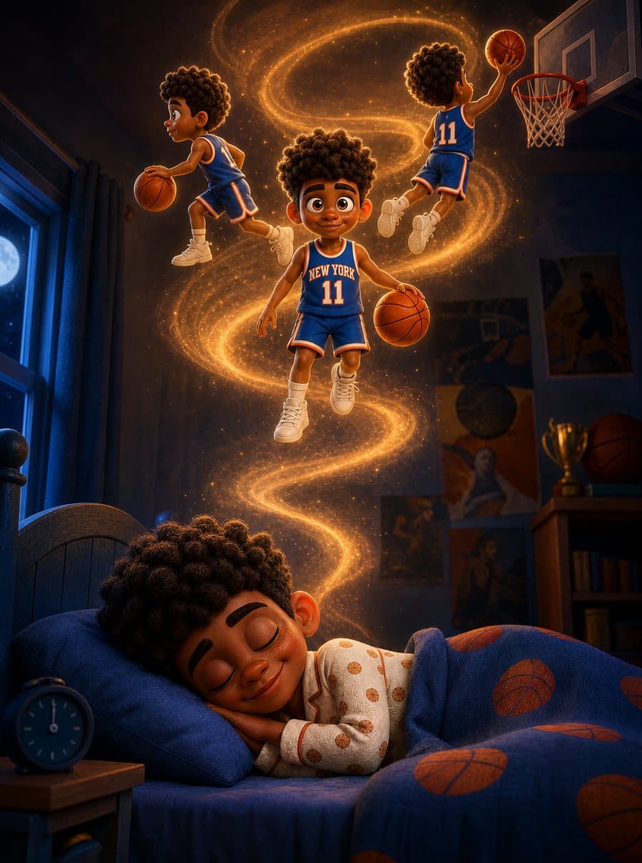 Micah asleep, dreaming of himself in a number 11 jersey dunking a basketball
