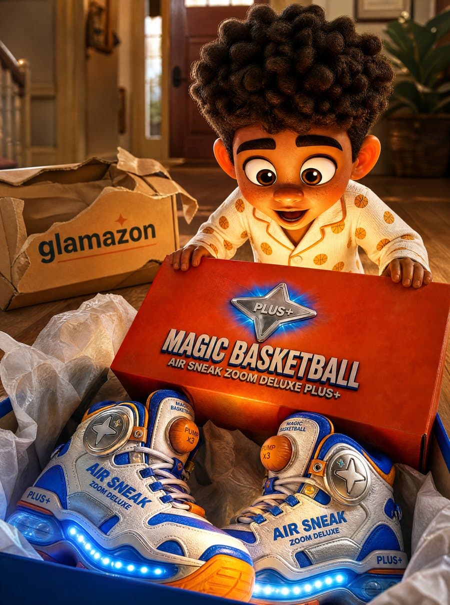Micah unboxing a pair of glowing Air Sneak magic basketball shoes